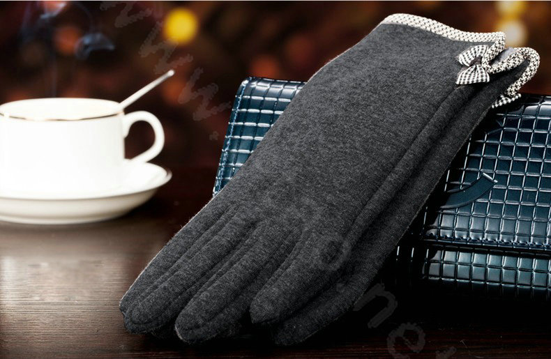 Allfond women touch screen gloves stretch cotton bow-knot winter warm solid color gloves - Gray