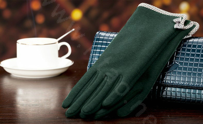 Allfond women touch screen gloves stretch cotton bow-knot winter warm solid color gloves - Green