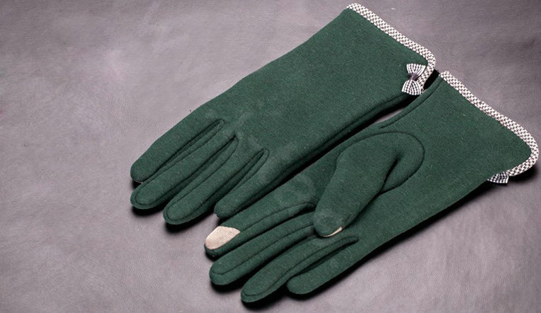 Allfond women touch screen gloves stretch cotton bow-knot winter warm solid color gloves - Green