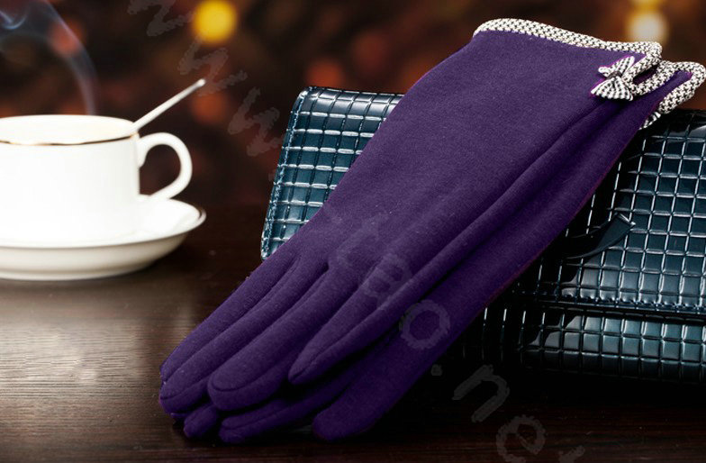 Allfond women touch screen gloves stretch cotton bow-knot winter warm solid color gloves - Purple