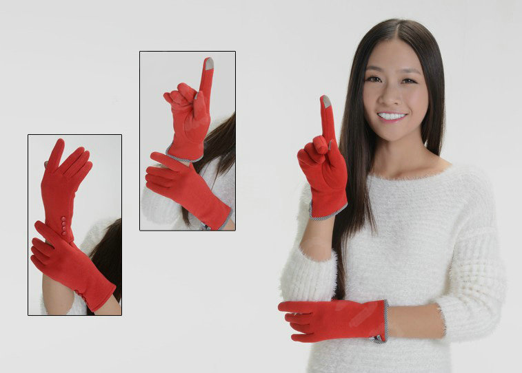Allfond women touch screen gloves stretch cotton bow-knot winter warm solid color gloves - Red