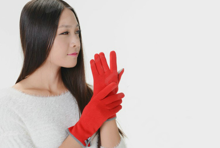 Allfond women touch screen gloves stretch cotton bow-knot winter warm solid color gloves - Red