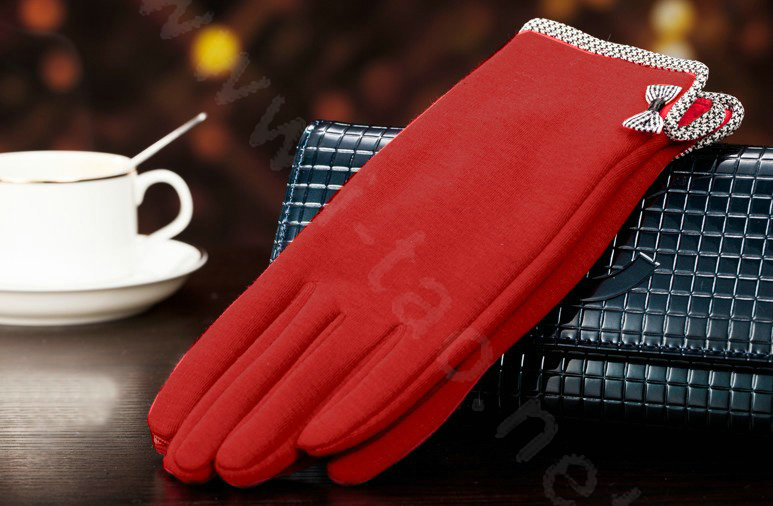 Allfond women touch screen gloves stretch cotton bow-knot winter warm solid color gloves - Red