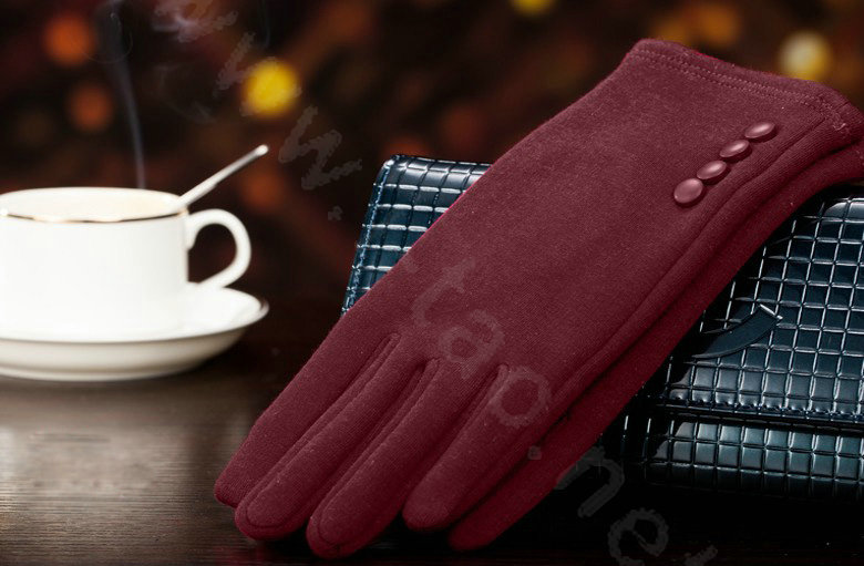 Allfond women touch screen gloves stretch cotton button winter warm solid color gloves - Dark red