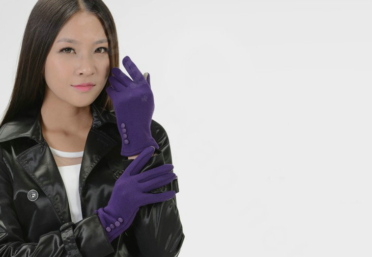 Allfond women touch screen gloves stretch cotton button winter warm solid color gloves - Purple