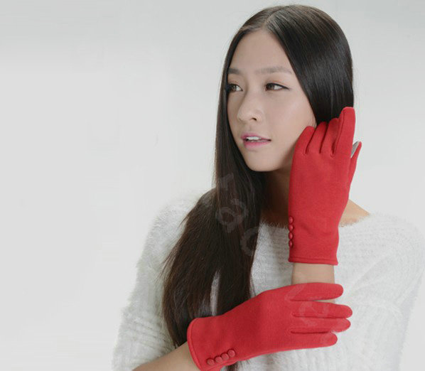 Allfond women touch screen gloves stretch cotton button winter warm solid color gloves - Red
