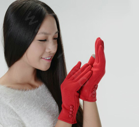 Allfond women touch screen gloves stretch cotton button winter warm solid color gloves - Red