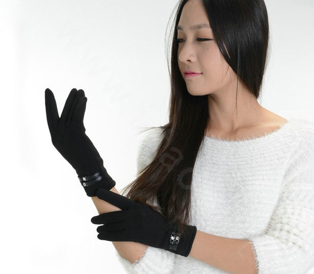 Allfond women touch screen gloves stretch cotton winter warm business casual crystal gloves - Black