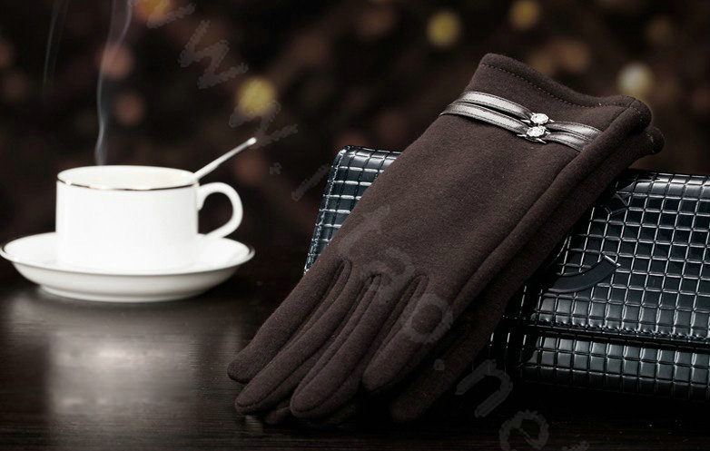 Allfond women touch screen gloves stretch cotton winter warm business casual crystal gloves - Coffee