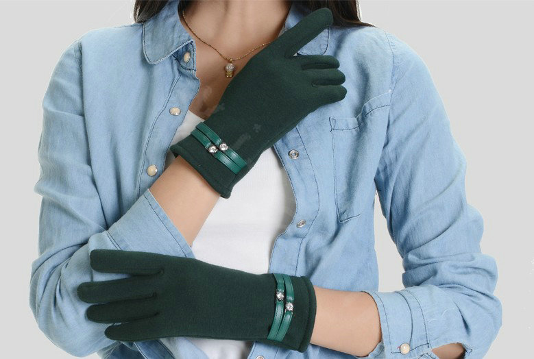 Allfond women touch screen gloves stretch cotton winter warm business casual crystal gloves - Green