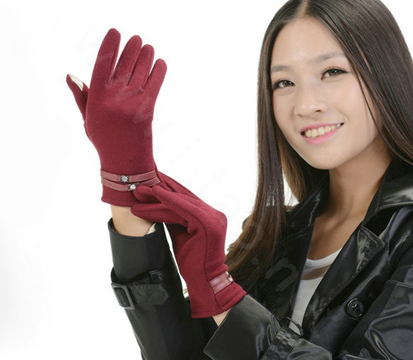 Allfond women touch screen gloves stretch cotton winter warm business casual crystal gloves - Rose