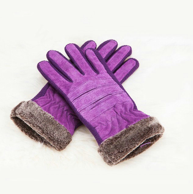 Allfond women winter cold-proof plus velvet warm genuine pigskin clipping leather gloves - Purple