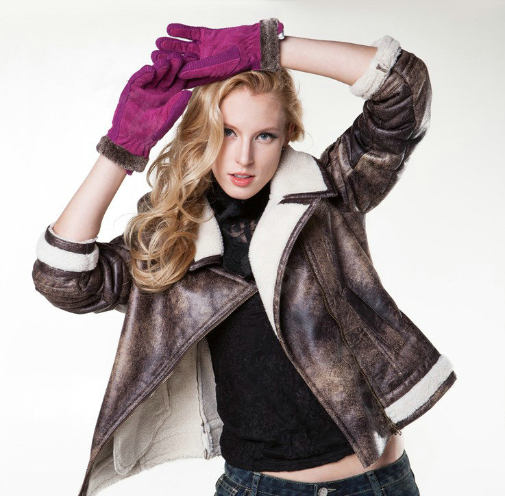 Allfond women winter cold-proof plus velvet warm genuine pigskin clipping leather gloves - Rose
