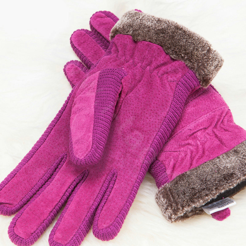 Allfond women winter cold-proof plus velvet warm genuine pigskin clipping leather gloves - Rose