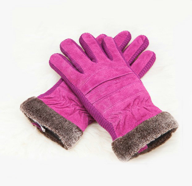 Allfond women winter cold-proof plus velvet warm genuine pigskin clipping leather gloves - Rose