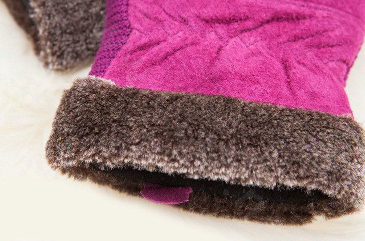 Allfond women winter cold-proof plus velvet warm genuine pigskin clipping leather gloves - Rose