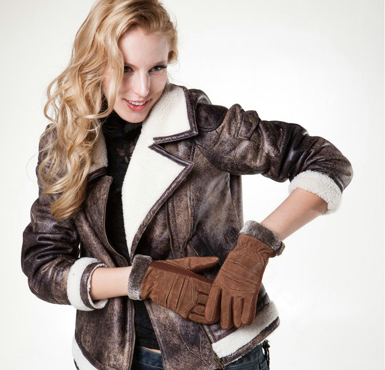 Allfond women winter cold-proof plus velvet warm genuine pigskin clipping leather gloves - Yellow