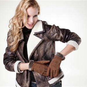 Allfond women winter cold-proof plus velvet warm genuine pigskin clipping leather gloves - Yellow