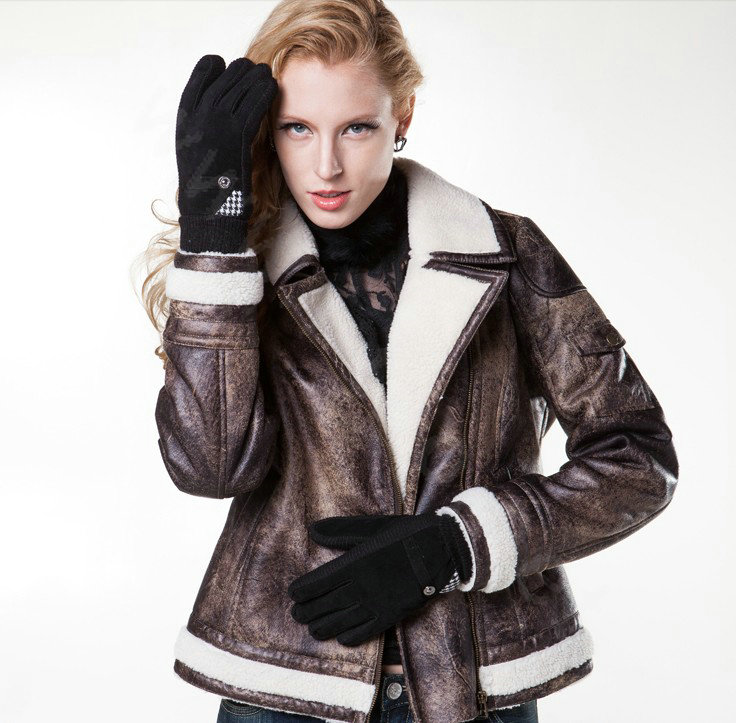 Allfond women winter cold-proof plus velvet warm grid genuine pigskin leather gloves - Black