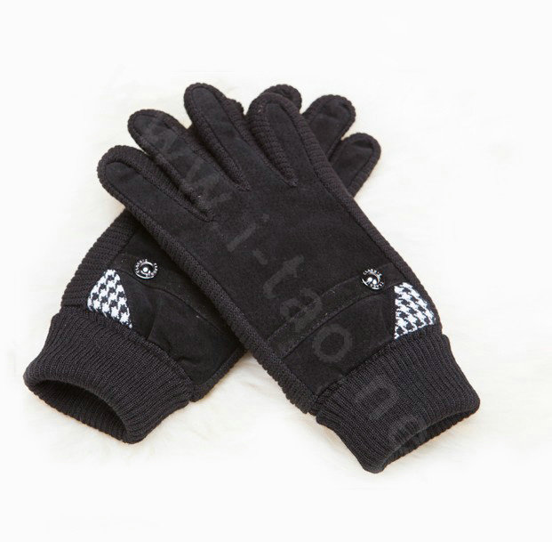 Allfond women winter cold-proof plus velvet warm grid genuine pigskin leather gloves - Black