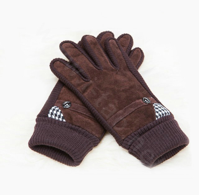 Allfond women winter cold-proof plus velvet warm grid genuine pigskin leather gloves - Coffee