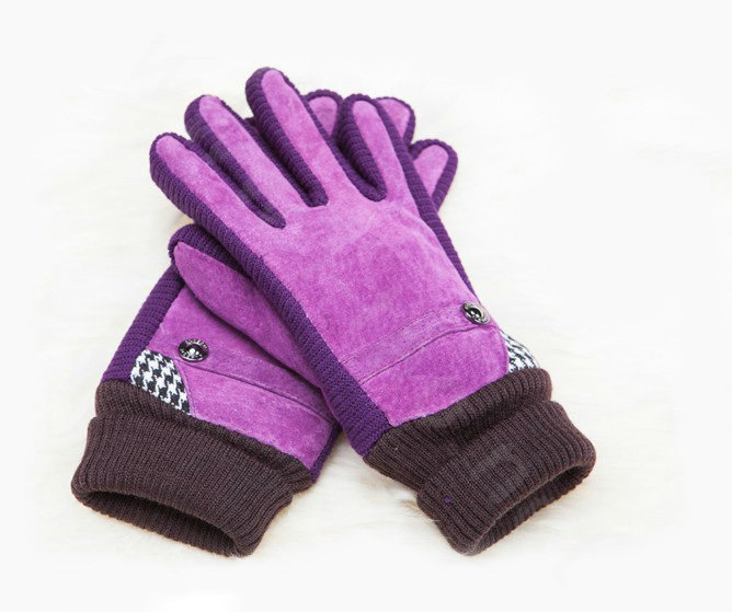Allfond women winter cold-proof plus velvet warm grid genuine pigskin leather gloves - Purple