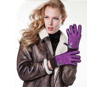 Allfond women winter cold-proof plus velvet warm grid genuine pigskin leather gloves - Purple