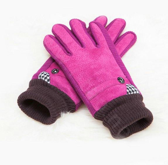 Allfond women winter cold-proof plus velvet warm grid genuine pigskin leather gloves - Rose