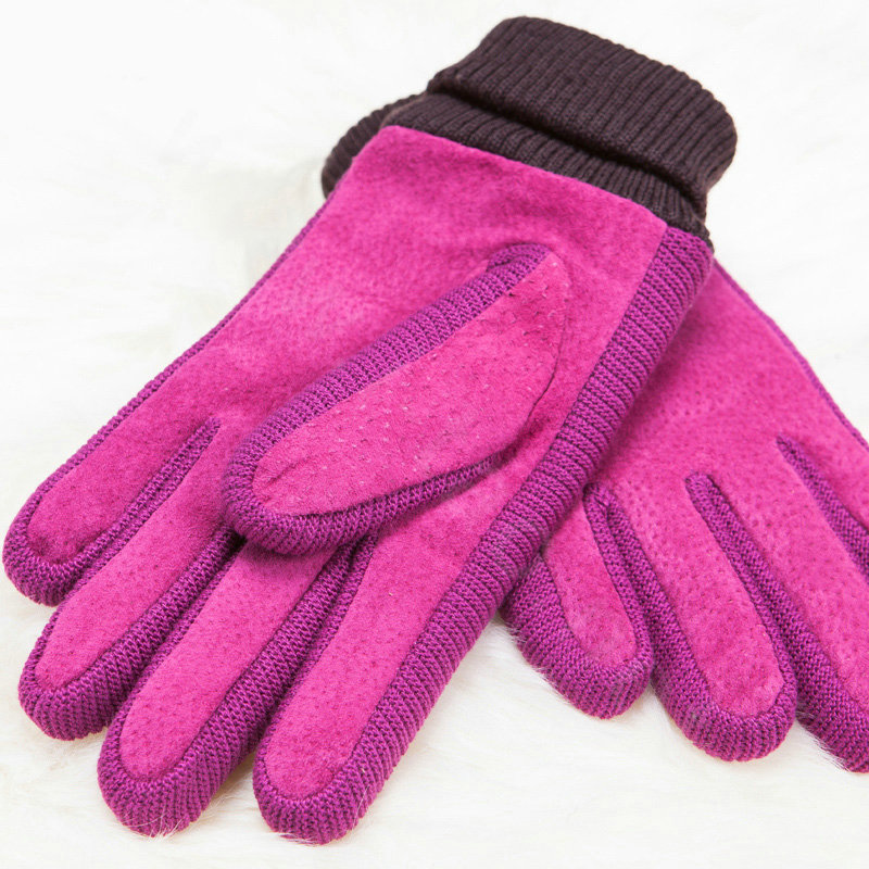 Allfond women winter cold-proof plus velvet warm grid genuine pigskin leather gloves - Rose