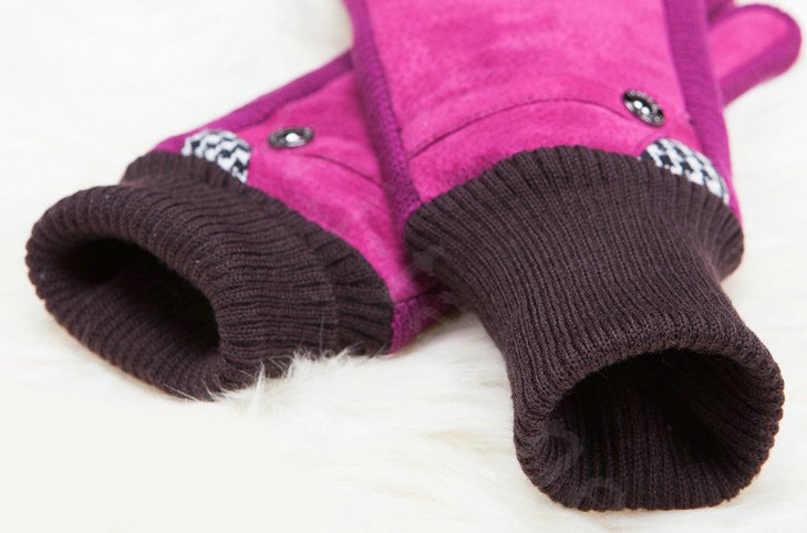 Allfond women winter cold-proof plus velvet warm grid genuine pigskin leather gloves - Rose