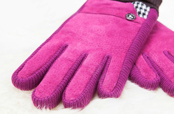 Allfond women winter cold-proof plus velvet warm grid genuine pigskin leather gloves - Rose
