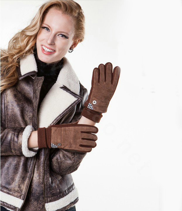 Allfond women winter cold-proof plus velvet warm grid genuine pigskin leather gloves - Yellow