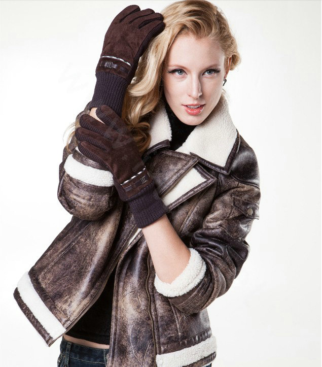 Allfond women winter cold-proof plus velvet warm hasp genuine pigskin leather gloves - Coffee