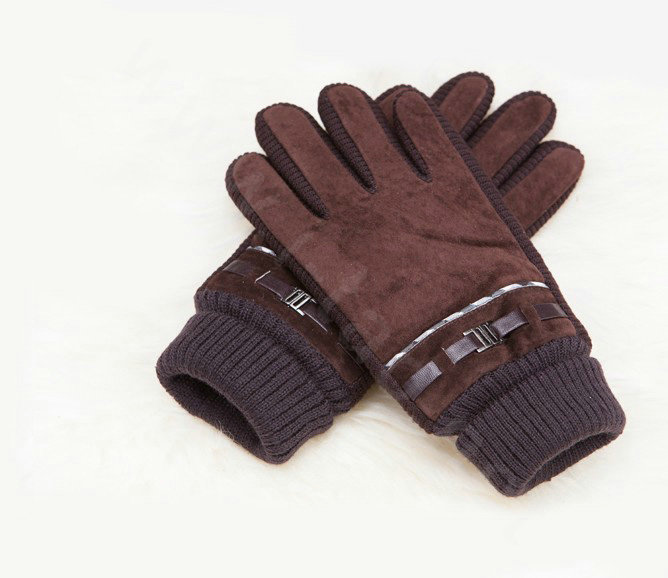 Allfond women winter cold-proof plus velvet warm hasp genuine pigskin leather gloves - Coffee