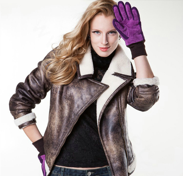 Allfond women winter cold-proof plus velvet warm hasp genuine pigskin leather gloves - Purple