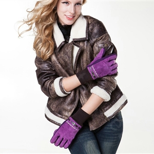 Allfond women winter cold-proof plus velvet warm hasp genuine pigskin leather gloves - Purple