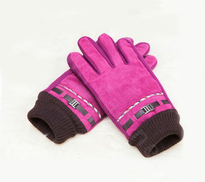 Allfond women winter cold-proof plus velvet warm hasp genuine pigskin leather gloves - Rose