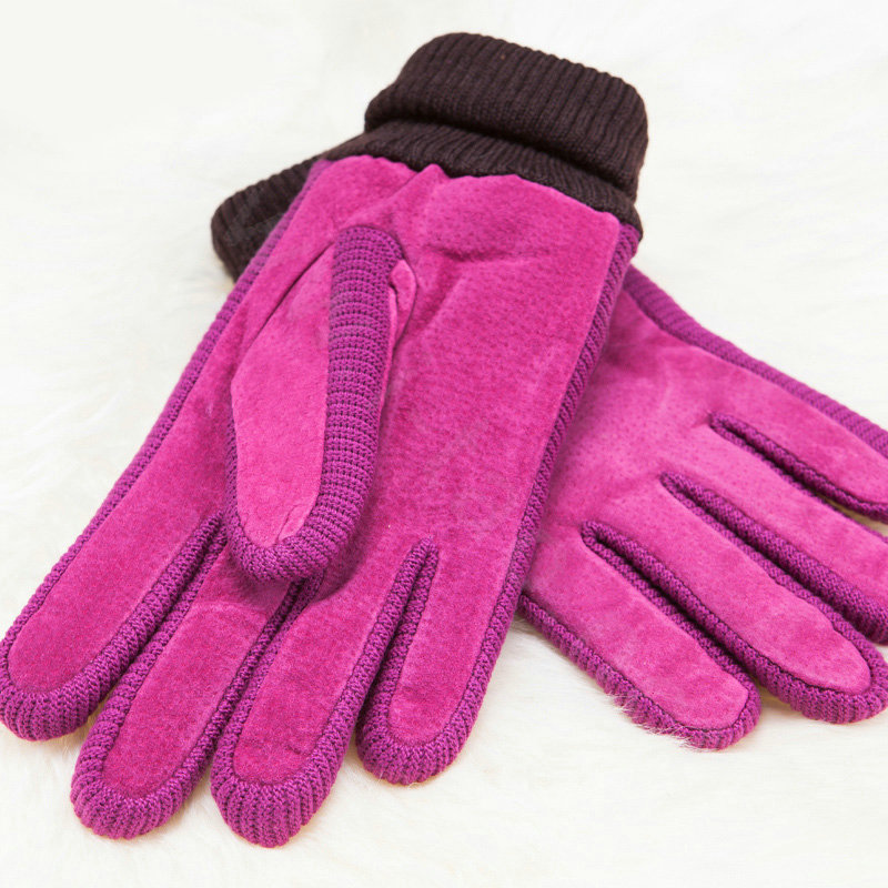 Allfond women winter cold-proof plus velvet warm hasp genuine pigskin leather gloves - Rose