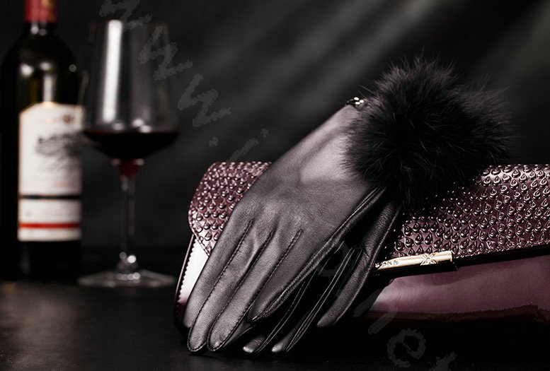 Allfond women winter warm waterproof cold-proof rex rabbit fur genuine goatskin leather gloves M - Black