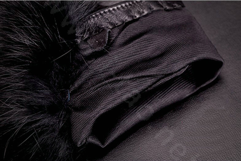 Allfond women winter warm waterproof cold-proof rex rabbit fur genuine goatskin leather gloves M - Black