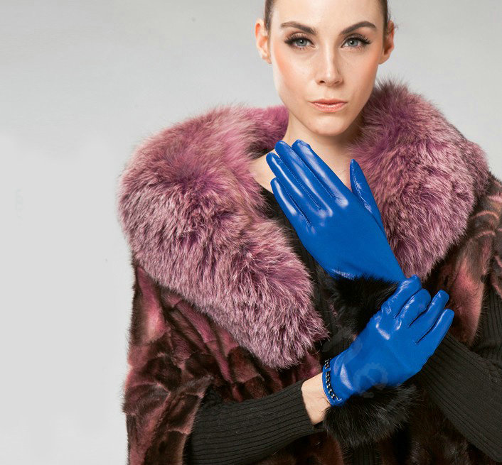 Allfond women winter warm waterproof cold-proof rex rabbit fur genuine goatskin leather gloves M - Blue