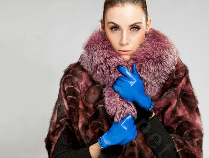 Allfond women winter warm waterproof cold-proof rex rabbit fur genuine goatskin leather gloves M - Blue