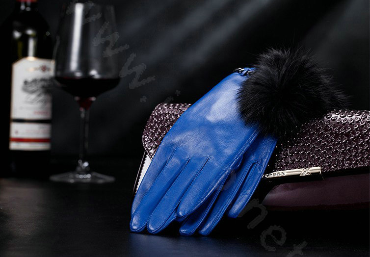 Allfond women winter warm waterproof cold-proof rex rabbit fur genuine goatskin leather gloves M - Blue