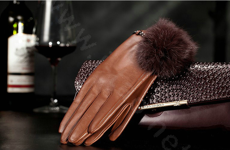 Allfond women winter warm waterproof cold-proof rex rabbit fur genuine goatskin leather gloves L - Brown