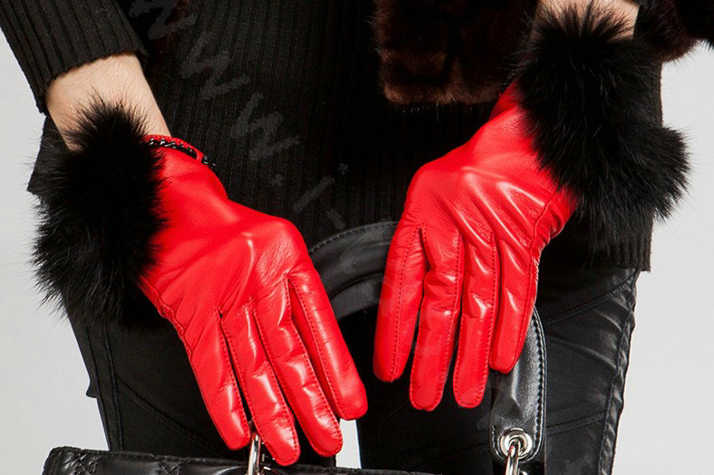 Allfond women winter warm waterproof cold-proof rex rabbit fur genuine goatskin leather gloves L - Red