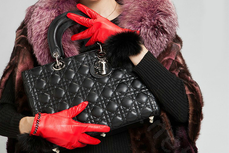 Allfond women winter warm waterproof cold-proof rex rabbit fur genuine goatskin leather gloves L - Red