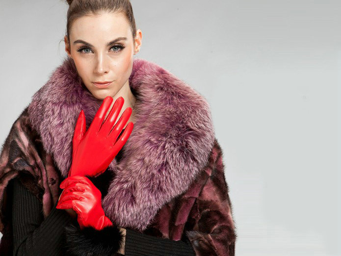 Allfond women winter warm waterproof cold-proof rex rabbit fur genuine goatskin leather gloves L - Red