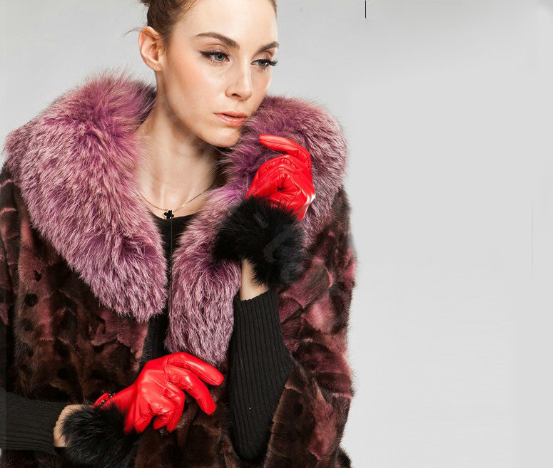 Allfond women winter warm waterproof cold-proof rex rabbit fur genuine goatskin leather gloves L - Red