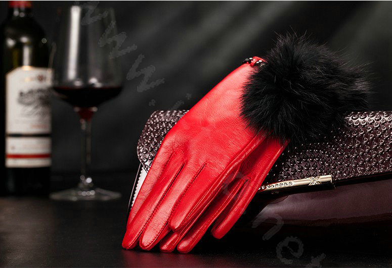 Allfond women winter warm waterproof cold-proof rex rabbit fur genuine goatskin leather gloves L - Red