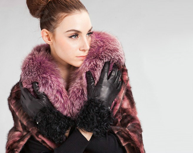 Allfond women winter warm waterproof cold-proof wool genuine goatskin leather gloves M - Black